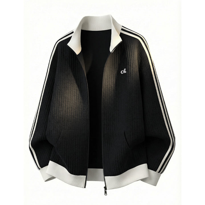 Unisex Locker geschnittene Sportjacke mit Rippenstruktur, Stehkragen und Streifenärmeln Drune