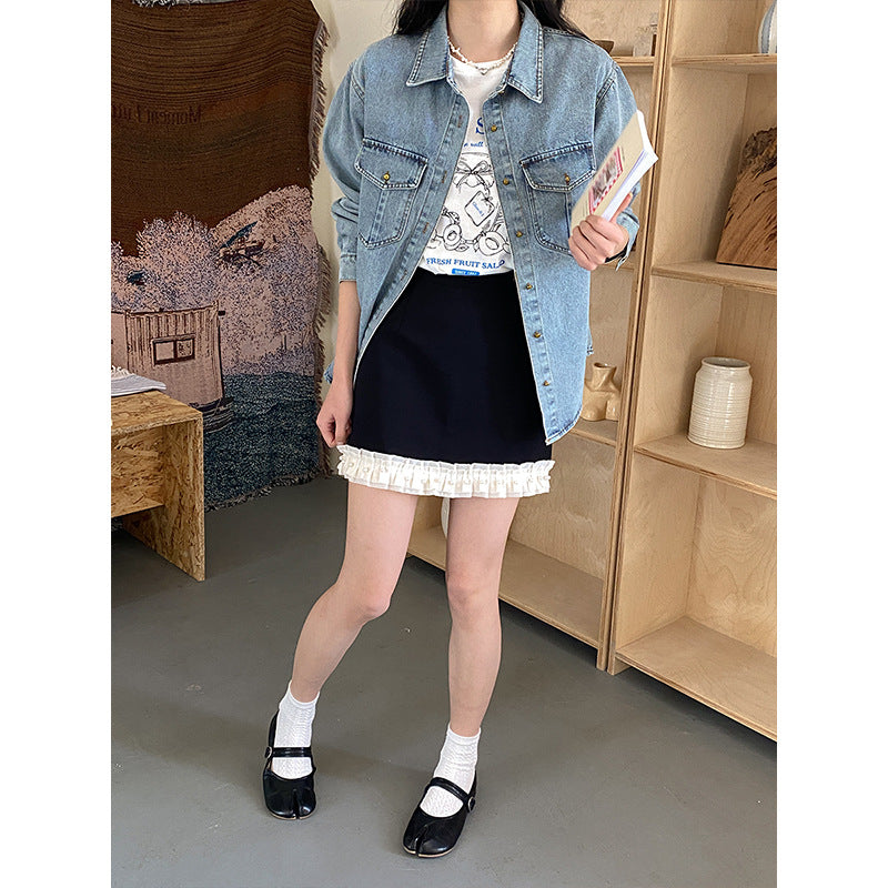 Damen Denim-Hemdjacke mit zwei Brusttaschen und Knopfverschluss Drune