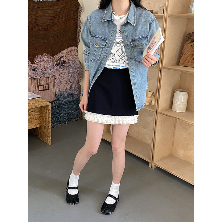 Damen Denim-Hemdjacke mit zwei Brusttaschen und Knopfverschluss Drune