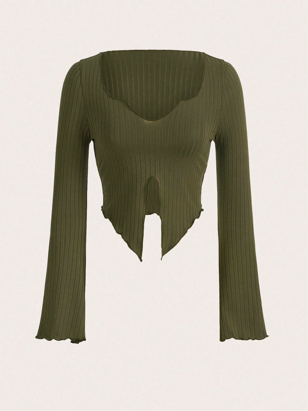 Damen fein geripptes Cropped-Longsleeve mit asymmetrischem Wellensaum und Cut-Out Drune