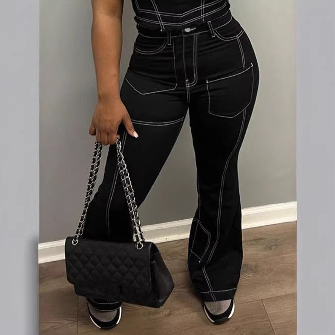 Damen High-Waist Flared-Jeans mit Kontrastnähten und Cargo‑Einsätzen Drune