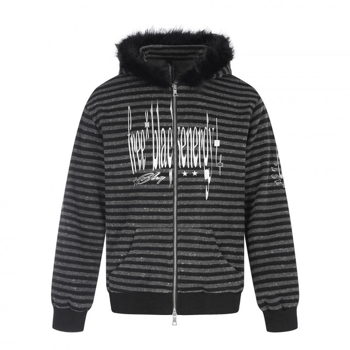 Unisex Gestreifte Kapuzen-Zipjacke mit Kunstfellkapuze und Statement-Frontprint Drune
