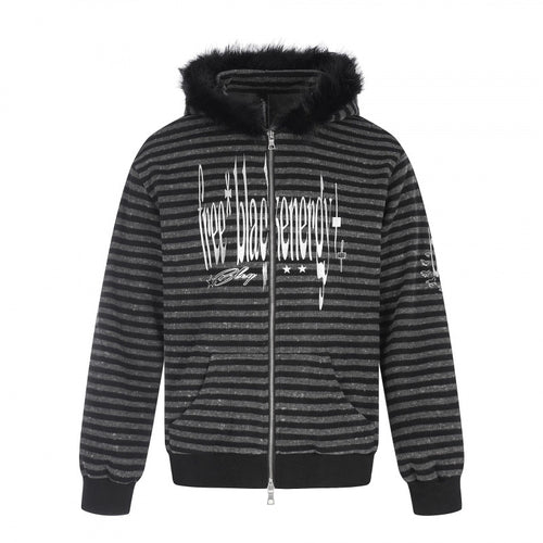 Unisex Gestreifte Kapuzen-Zipjacke mit Kunstfellkapuze und Statement-Frontprint Drune