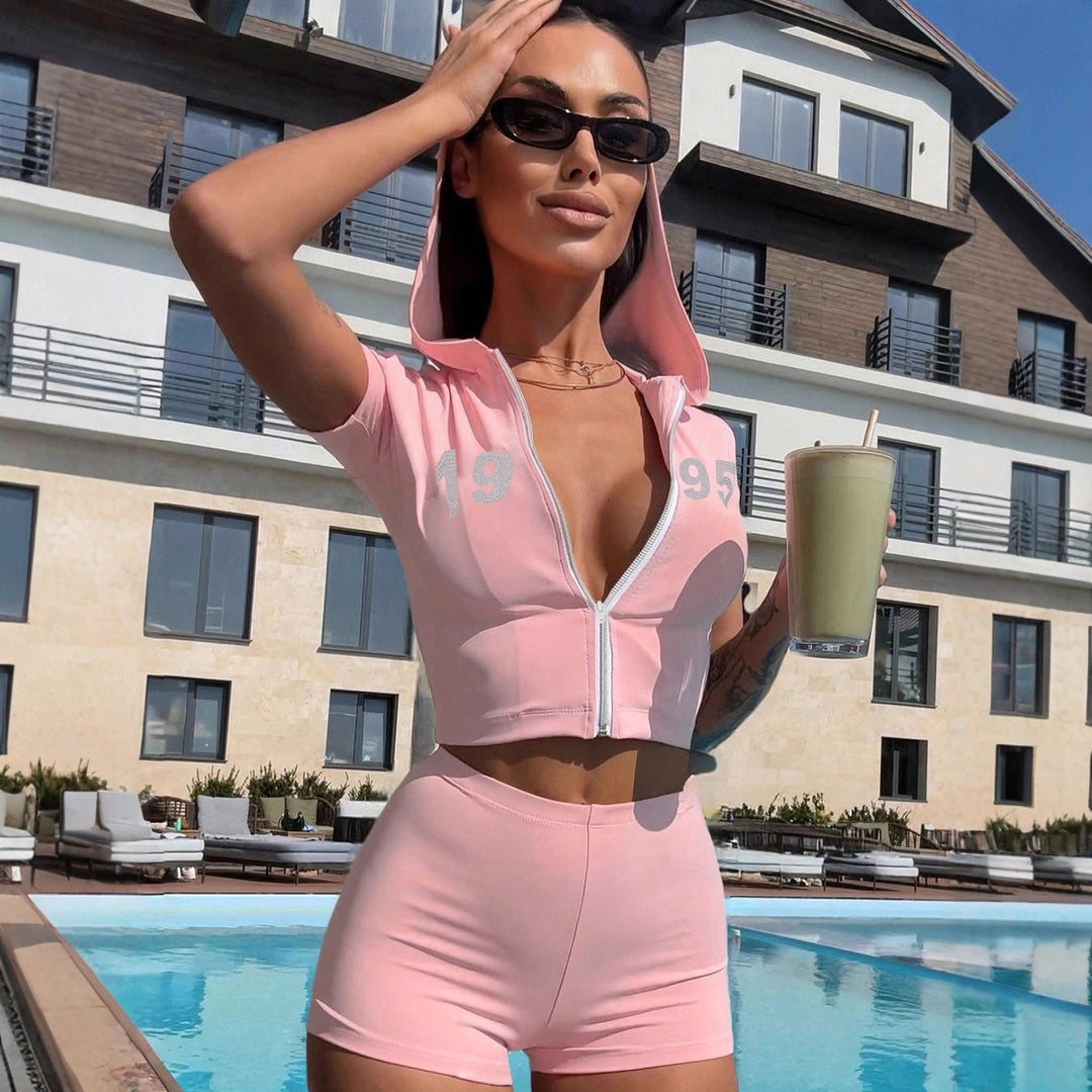 Damen sportliches Zweiteiliges Set mit Kapuzenoberteil und kurzen Shorts Drune
