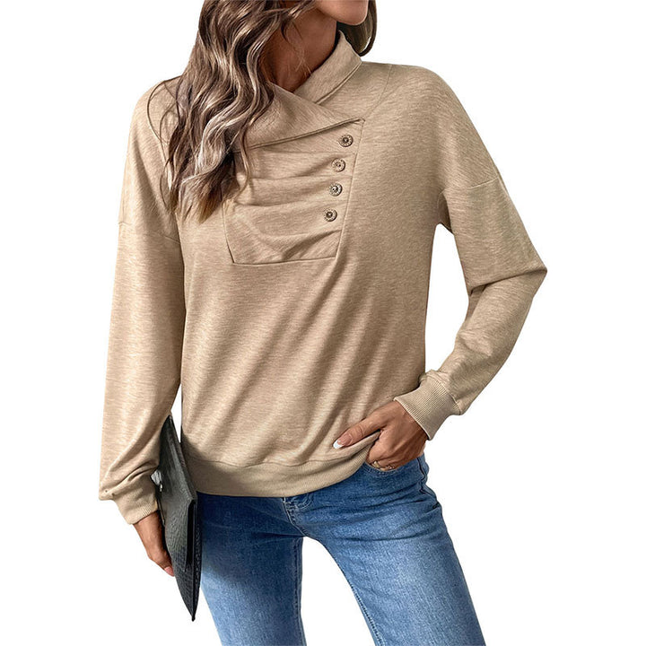 Damen Gekreuzter Stehkragen-Sweatshirt mit Knopfblende und gerippten Bündchen Drune