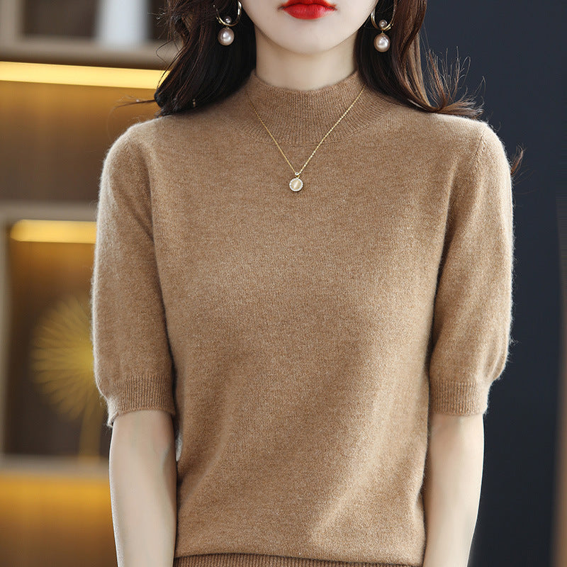 Damen Kurzärmeliger Feinstrick-Pullover mit halbem Rollkragen Drune