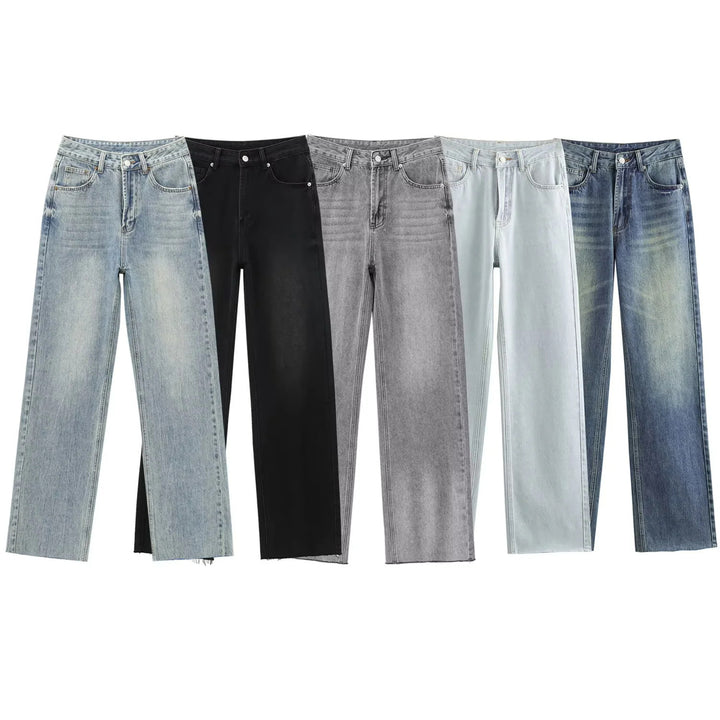 Damen nan hochgeschnittene weite Denimjeans mit geradem Bein und Fransensaum Drune