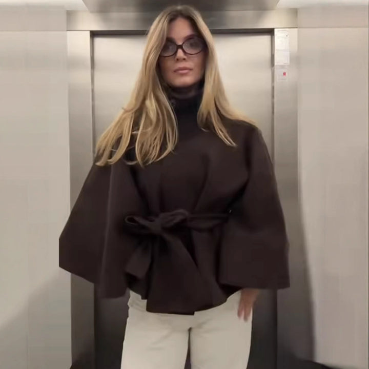 Damen elegante Übergangsjacke mit hohem Kragen und Bindegürtel Drune