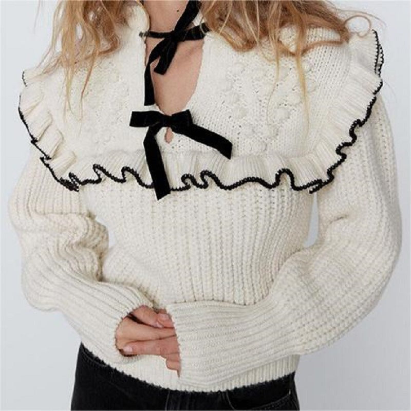 Damen Strickpullover mit Rüschenkragen und dekorativen Schleifen Drune