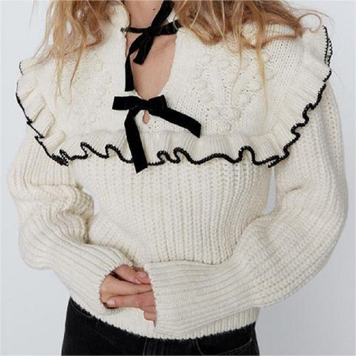 Damen Strickpullover mit Rüschenkragen und dekorativen Schleifen Drune