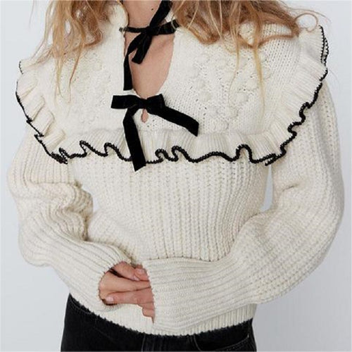 Damen Strickpullover mit Rüschenkragen und dekorativen Schleifen Drune