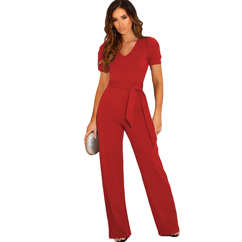 Damen Eleganter Jumpsuit mit Taillengürtel und Puffärmel Drune