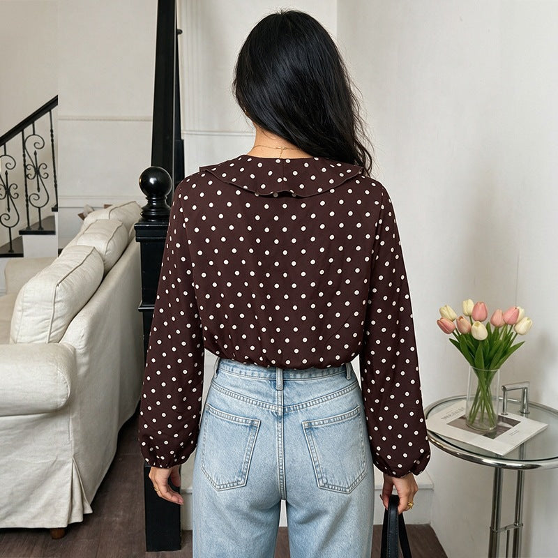 Damen Gepunktete Rüschenbluse mit V‑Ausschnitt, langen Ärmeln und elastischen Manschetten Drune