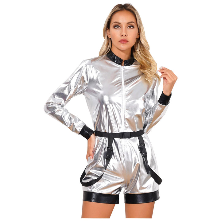 Damen Futuristischer Glanz-Jumpsuit mit Reißverschluss und abnehmbarem Gürtel Drune