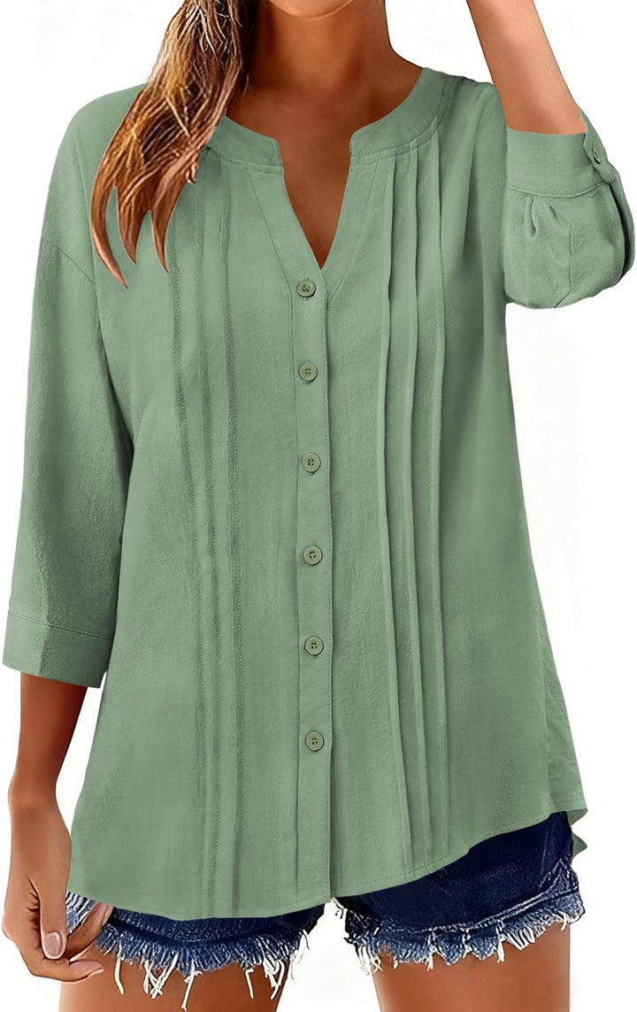 Damen Lockeres Tunikashirt mit Kellerfalten und dreiviertel Ärmeln Drune