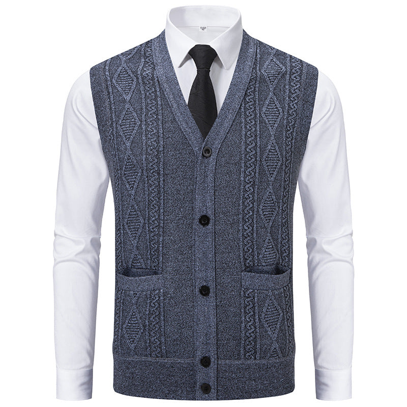 Herren Ärmellose Strickweste mit Rauten‑Muster, V‑Ausschnitt und Knopfleiste Drune