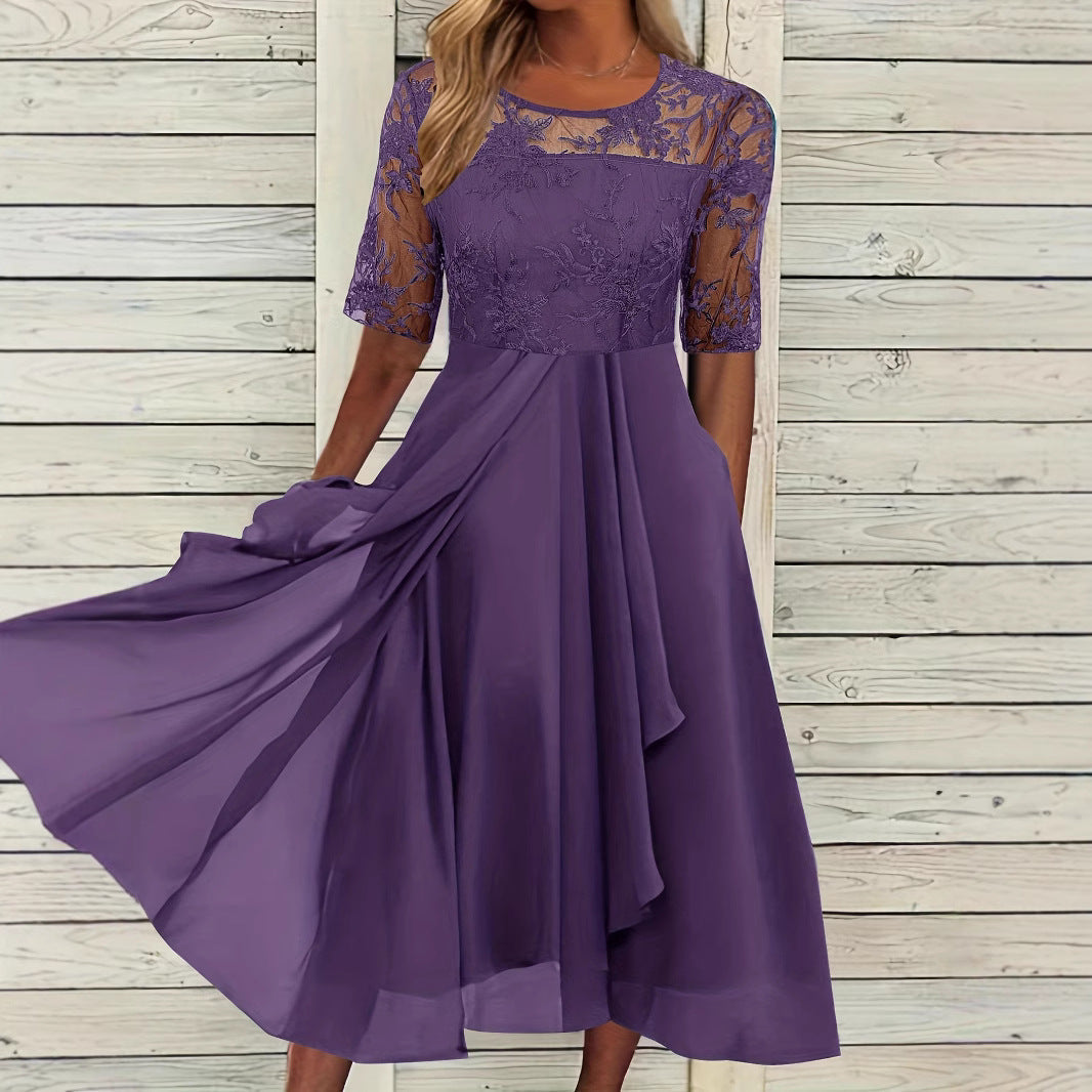 Damen Elegantes Midikleid mit Spitzenärmeln und schwingendem Rock Drune