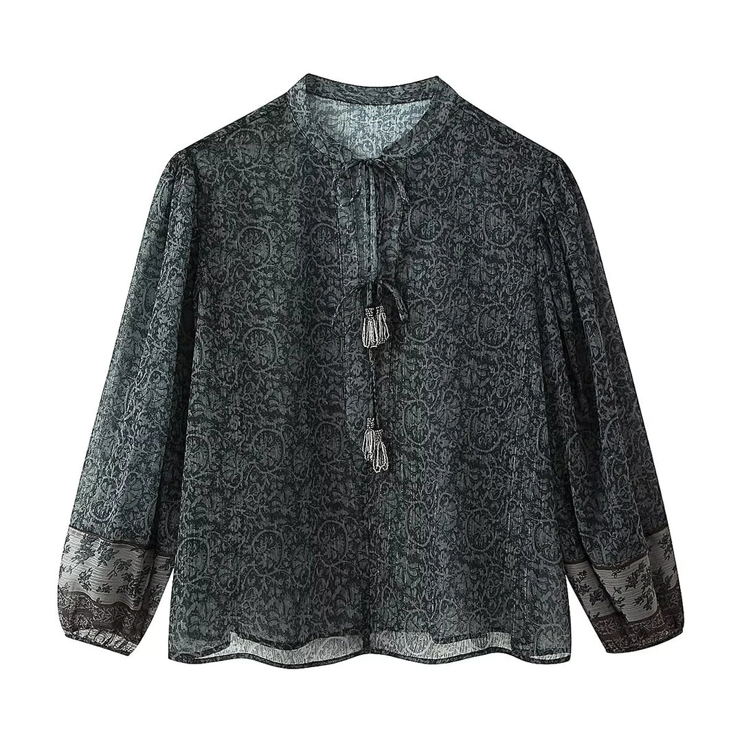 Damen nan Chiffonbluse mit Paisley‑Print, Quasten‑Bindeband und voluminösen Ballonärmeln Drune