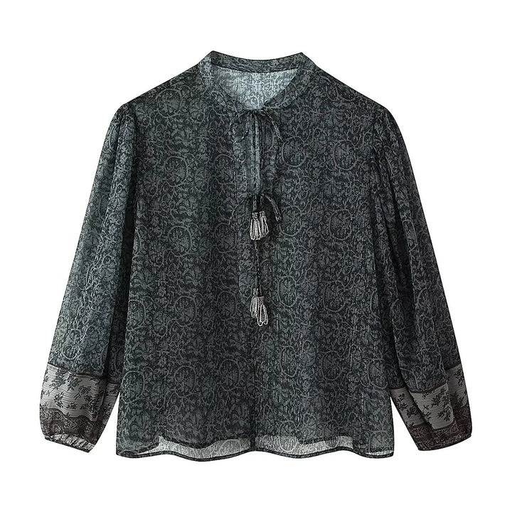 Damen nan Chiffonbluse mit Paisley‑Print, Quasten‑Bindeband und voluminösen Ballonärmeln Drune
