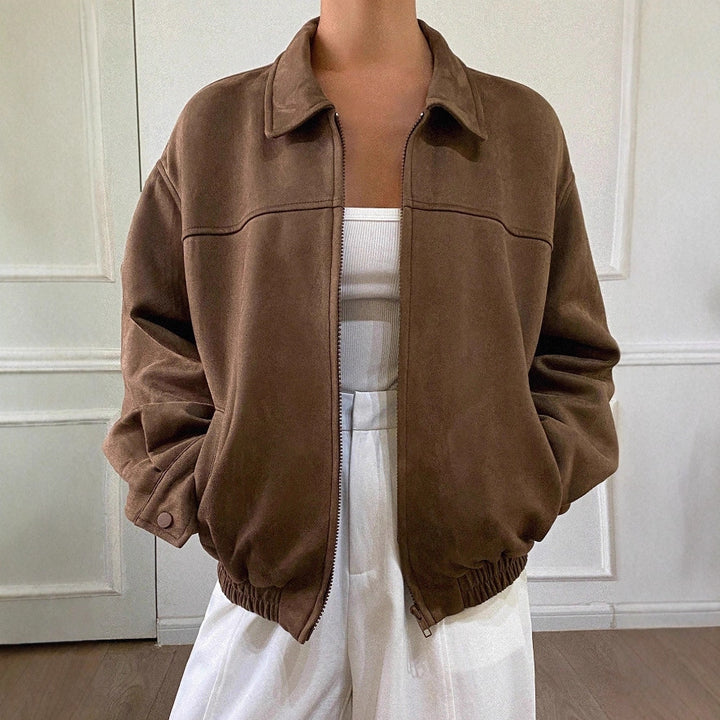 Damen Oversized Wildlederoptik Bomberjacke mit Reißverschluss und elastischem Saum Drune