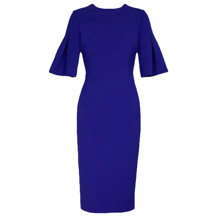 Damen Figurbetontes Midikleid mit Trompetenärmeln und Rundhalsausschnitt Drune