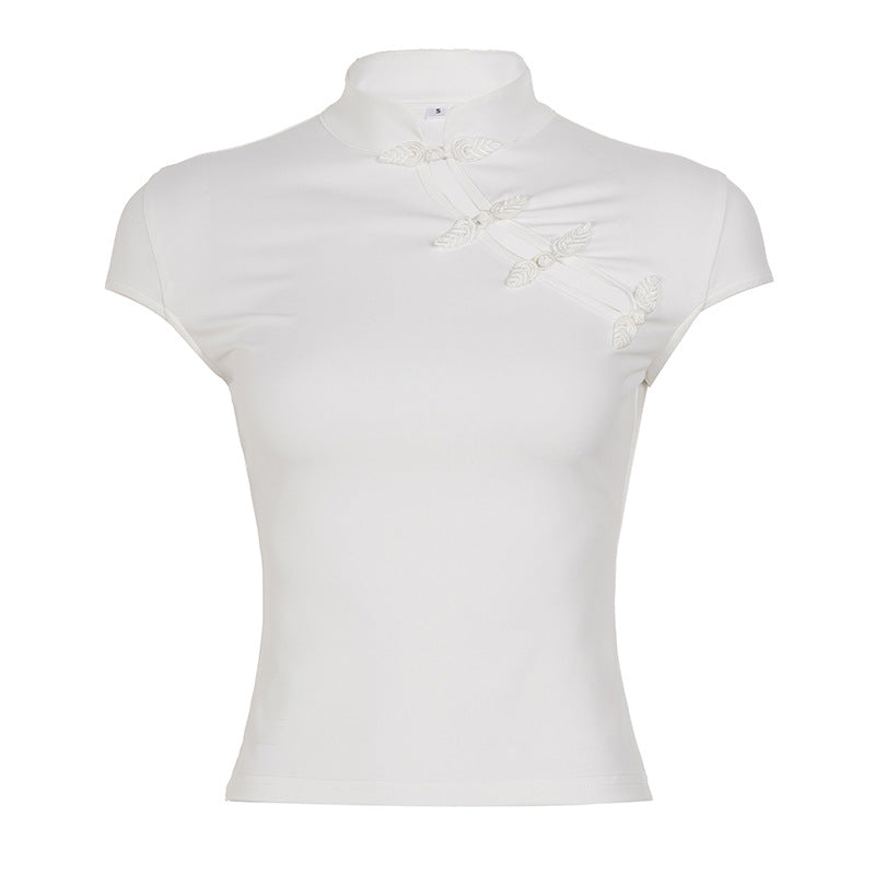 Damen elegantes Kurzarm-Top mit hochgeschlossenem Kragen und feinen Spitzeinsätzen Drune