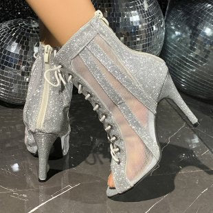 Damen Glitzer‑Peeptoe Ankle‑Boots mit Mesh‑Einsätzen, Schnürung und Seitenreißverschluss Drune