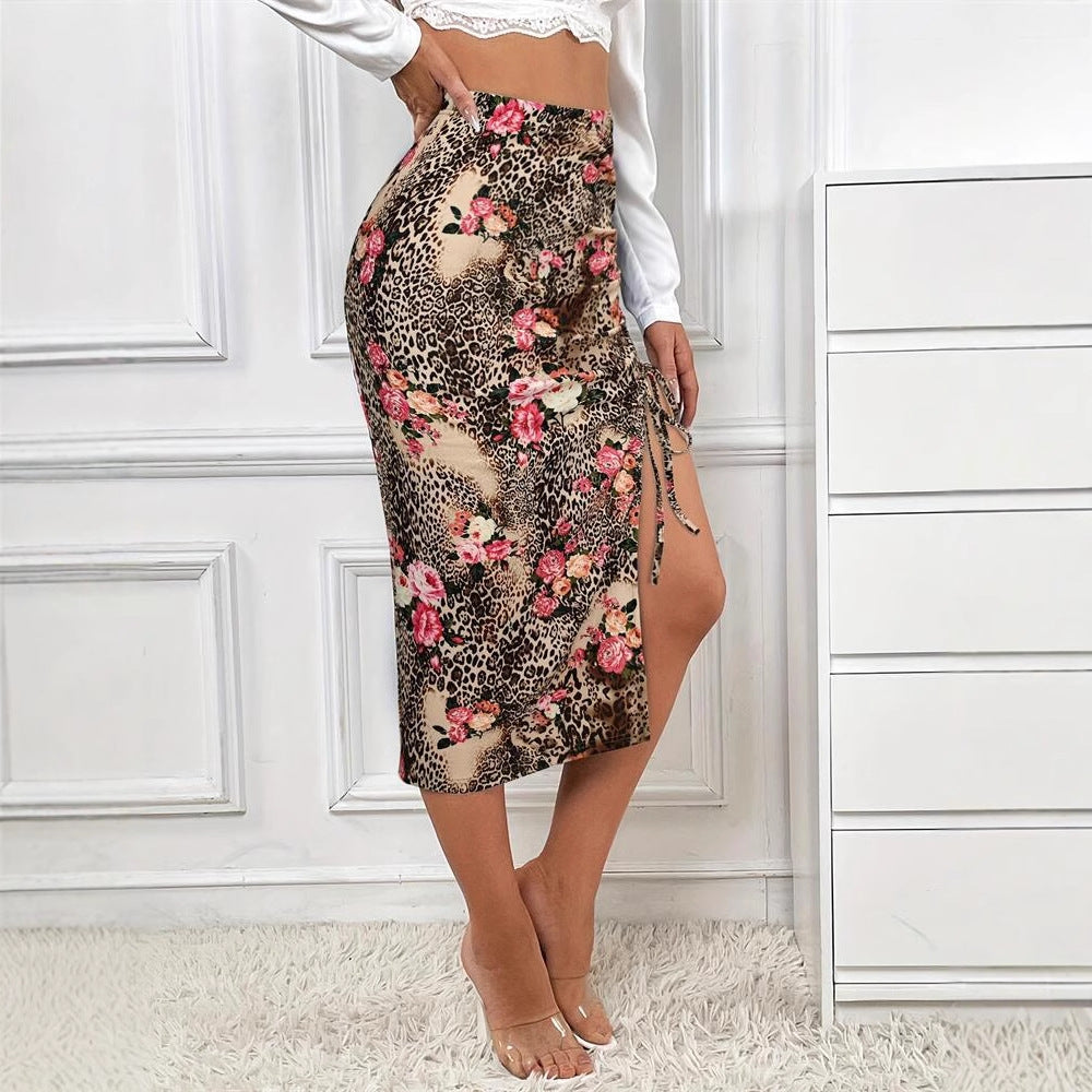 Damen Eleganter Midirock mit floralem Tiermuster und seitlichem Schlitz Drune