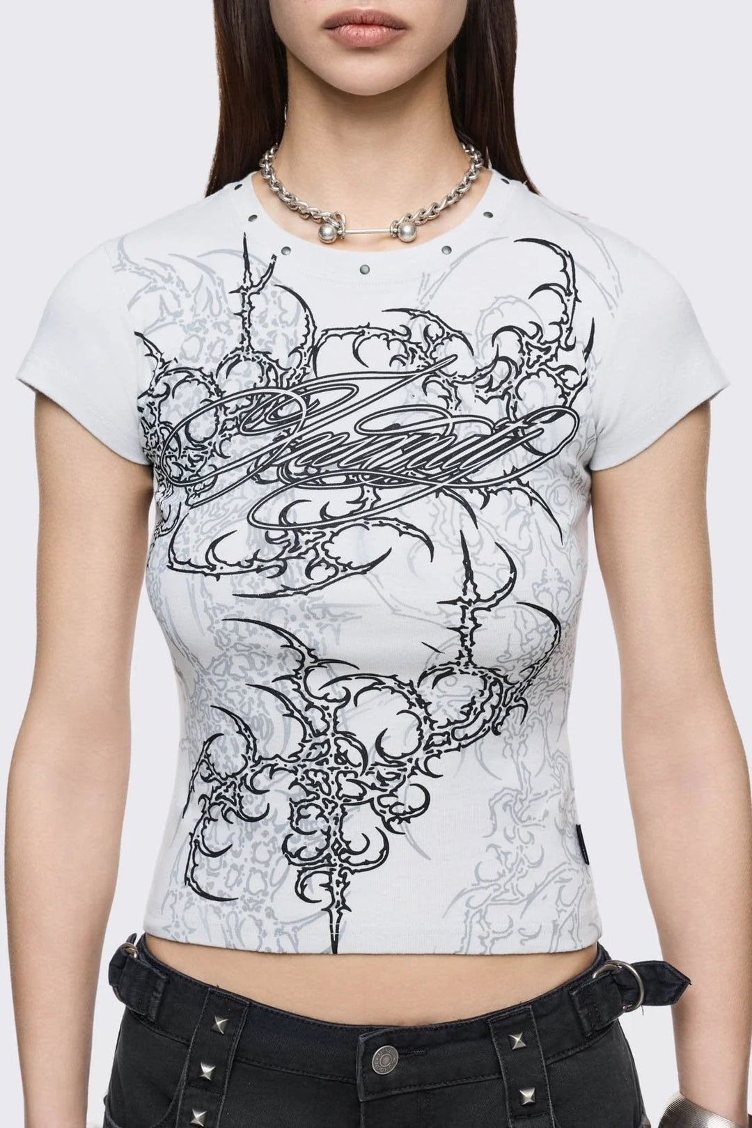 Damen Figurbetontes Kurzarm-T-Shirt mit Grafischem Design Drune