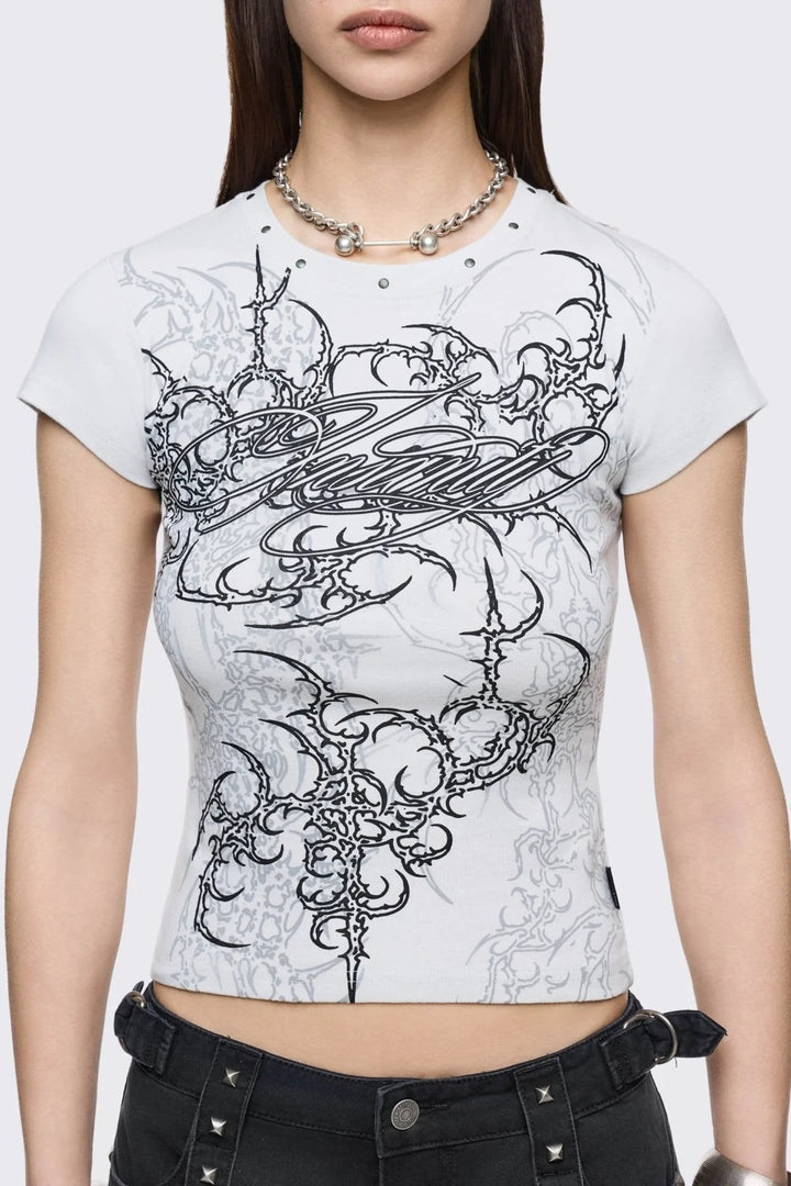 Damen Figurbetontes Kurzarm-T-Shirt mit Grafischem Design Drune