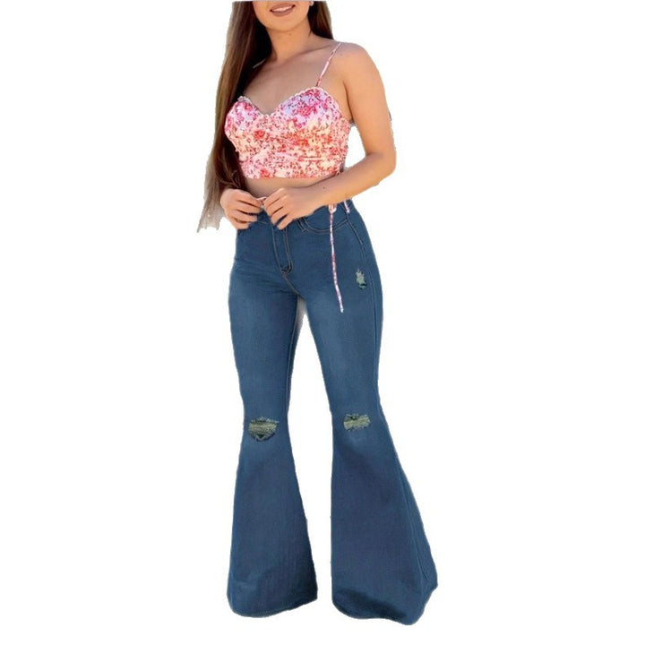 Damen Figurformende Schlagjeans im Retro‑Flair mit zerrissenen Knien und taillenbildendem Komfortbund Drune