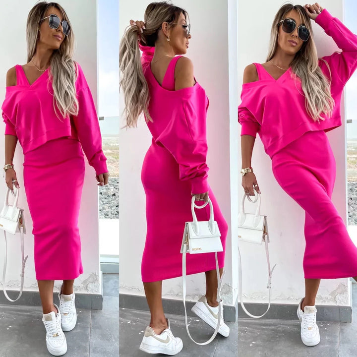 Damen weiches geripptes Lounge-Set mit Oversize-Viskoseshirt und High-Waist Schlaghose Drune
