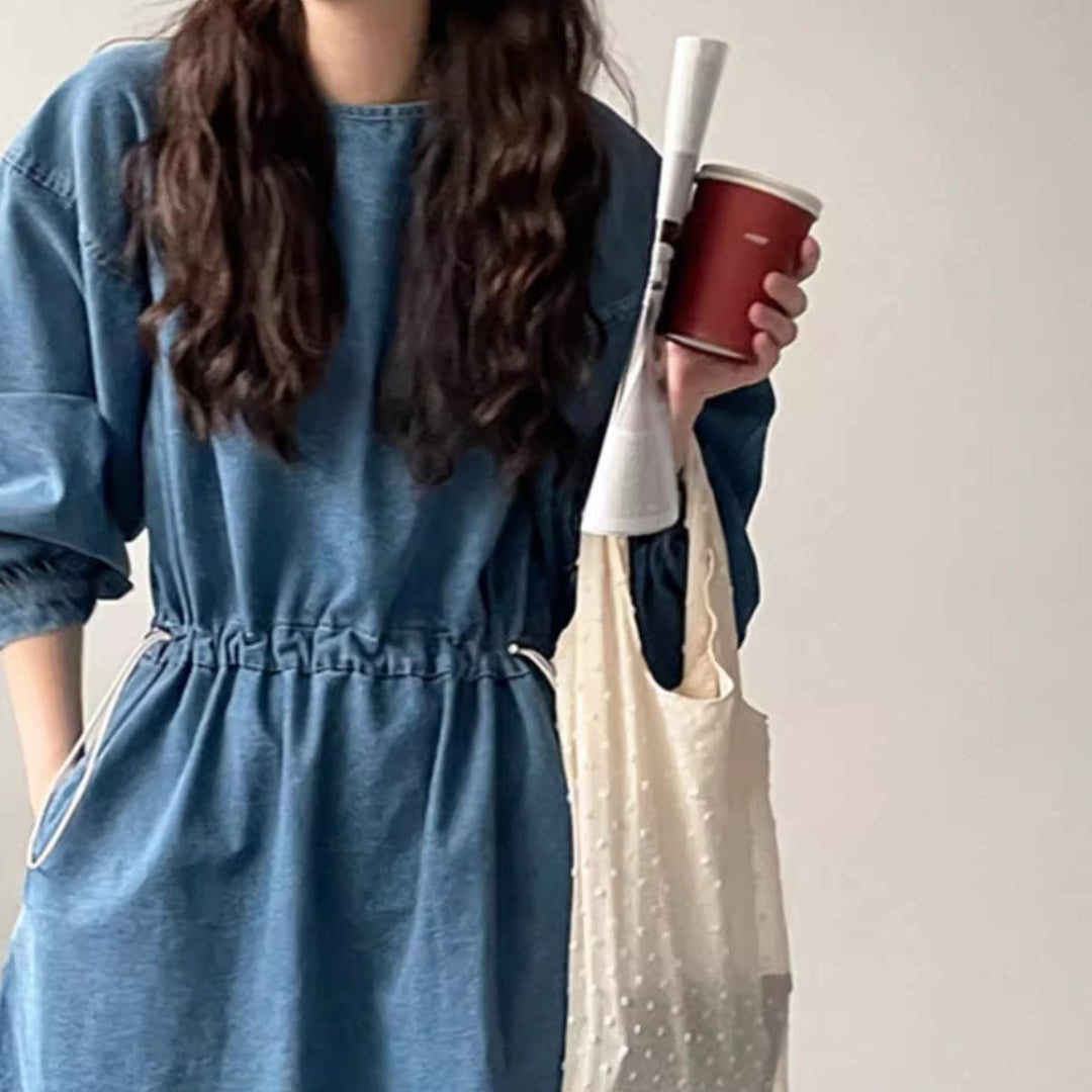 Damen Denim-Midikleid mit Kordelzugtaillierung Drune