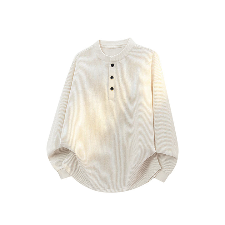 Unisex Weitgeschnittener Waffelstrick-Henleypullover mit Stehkragen Drune