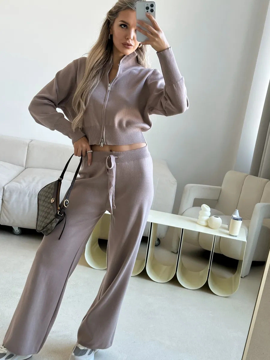 Damen gestricktes Lounge-Set mit kurzem Reißverschluss-Cardigan und weitem High-Waist-Jogginghose Drune