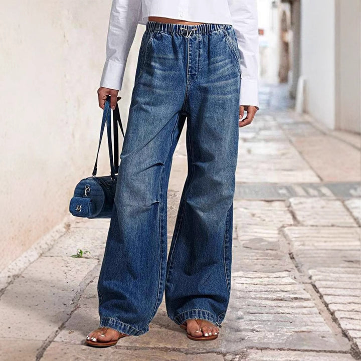 Damen weite High-Waist Denim-Hose mit elastischem Bund Drune