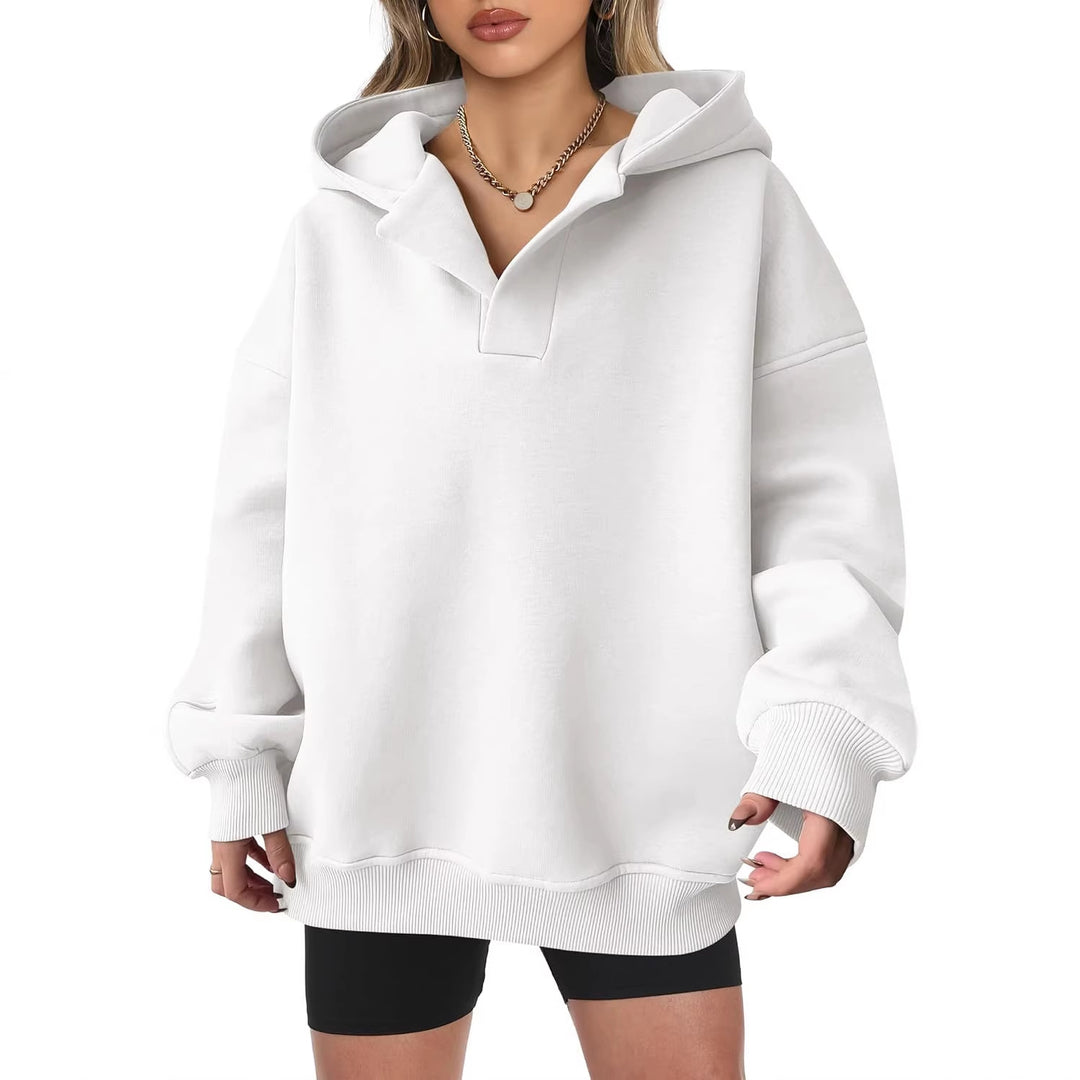Damen Oversize-Kapuzenpullover aus schwerem Sweatstoff mit V‑Ausschnitt‑Detail und langen Rippbündchen Drune