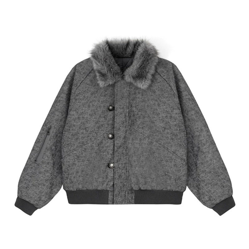 Damen wattierte Bomberjacke mit Kunstfellkragen, oversizeder Silhouette und Ärmel-Reißverschlusstasche Drune