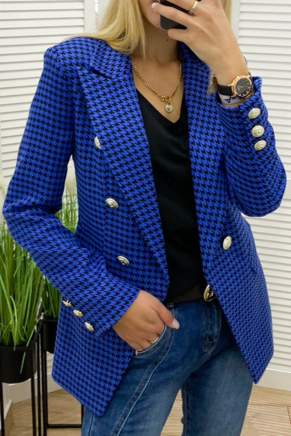 Damen Chic kariertes Blazerjackett mit doppelter Knopfreihe und taillierter Silhouette Drune