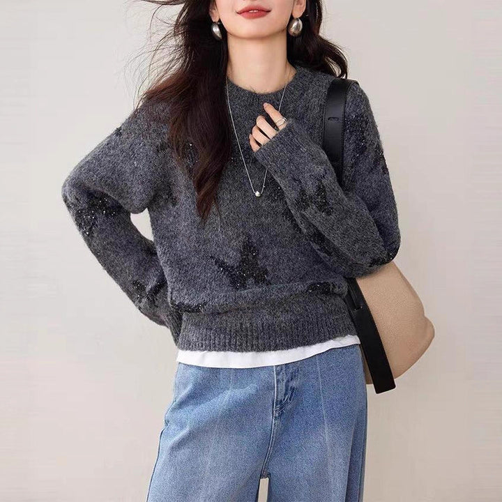 Damen stylischer Strickpullover mit glitzernden Schmetterlingsapplikationen Drune