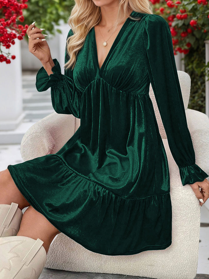 Damen samtiges A‑Linien‑Midikleid mit tiefem V‑Ausschnitt, gerafftem Bustier, Empire‑Passform und Volantstufen Drune