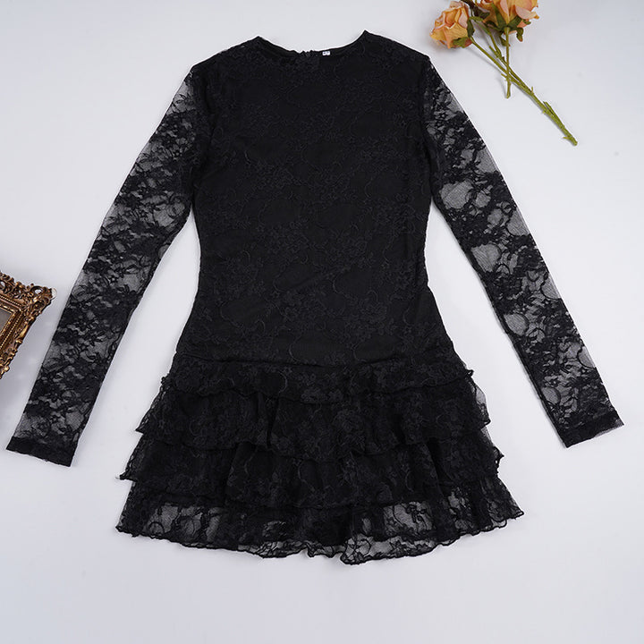 Damen Spitzenkleid mit voluminösen Rüschendetails und langem Arm Drune