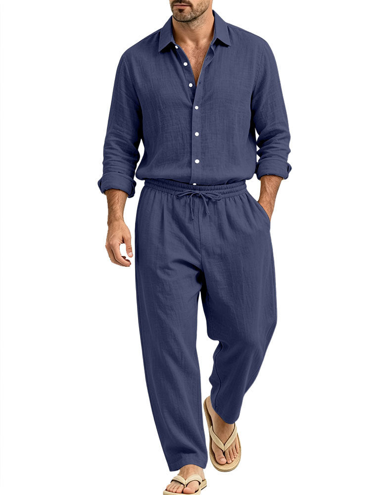 Herren Lässiges Leinen-Set Hemd und Relaxhose mit Tunnelzug Drune