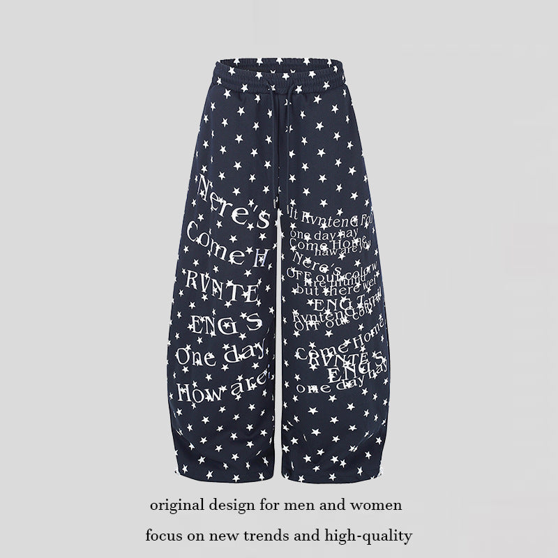 Damen Weite Palazzo-Loungehose mit Sternenallover, Tunnelzugbund und typografischem Print Drune