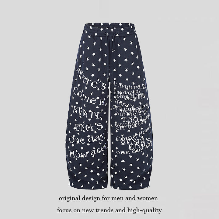 Damen Weite Palazzo-Loungehose mit Sternenallover, Tunnelzugbund und typografischem Print Drune