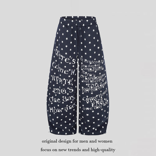 Damen Weite Palazzo-Loungehose mit Sternenallover, Tunnelzugbund und typografischem Print Drune