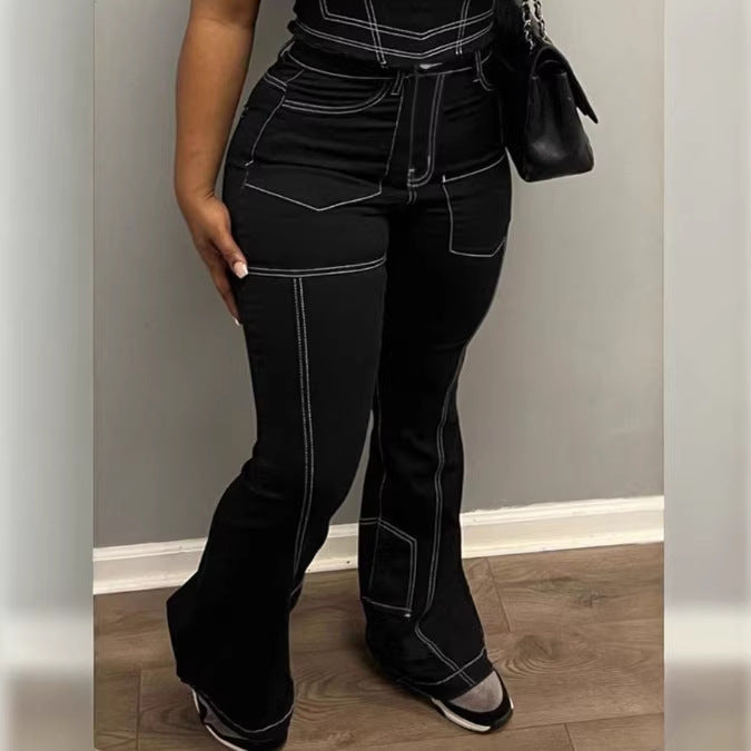 Damen High-Waist Flared-Jeans mit Kontrastnähten und Cargo‑Einsätzen Drune