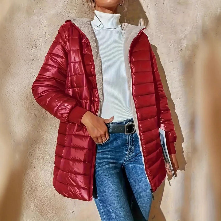 Damen Langer Steppmantel mit Teddyfutter und Kapuze Drune