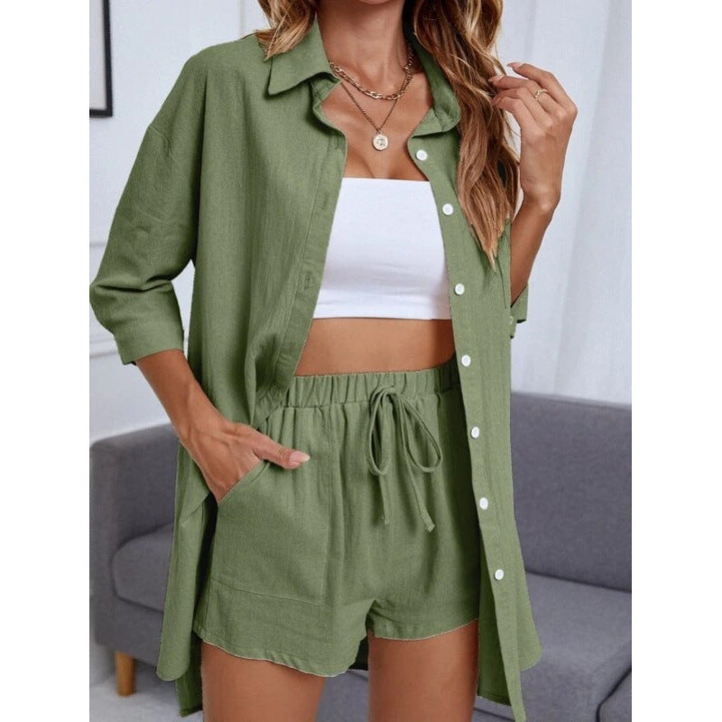 Damen Komfortables Kurzarm-Hemd und Hose Set Drune