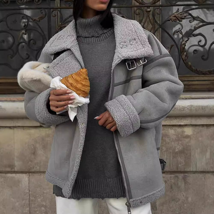 Damen Weit geschnittene Lammfellimitat-Fliegerjacke mit Kunstfellfutter Drune